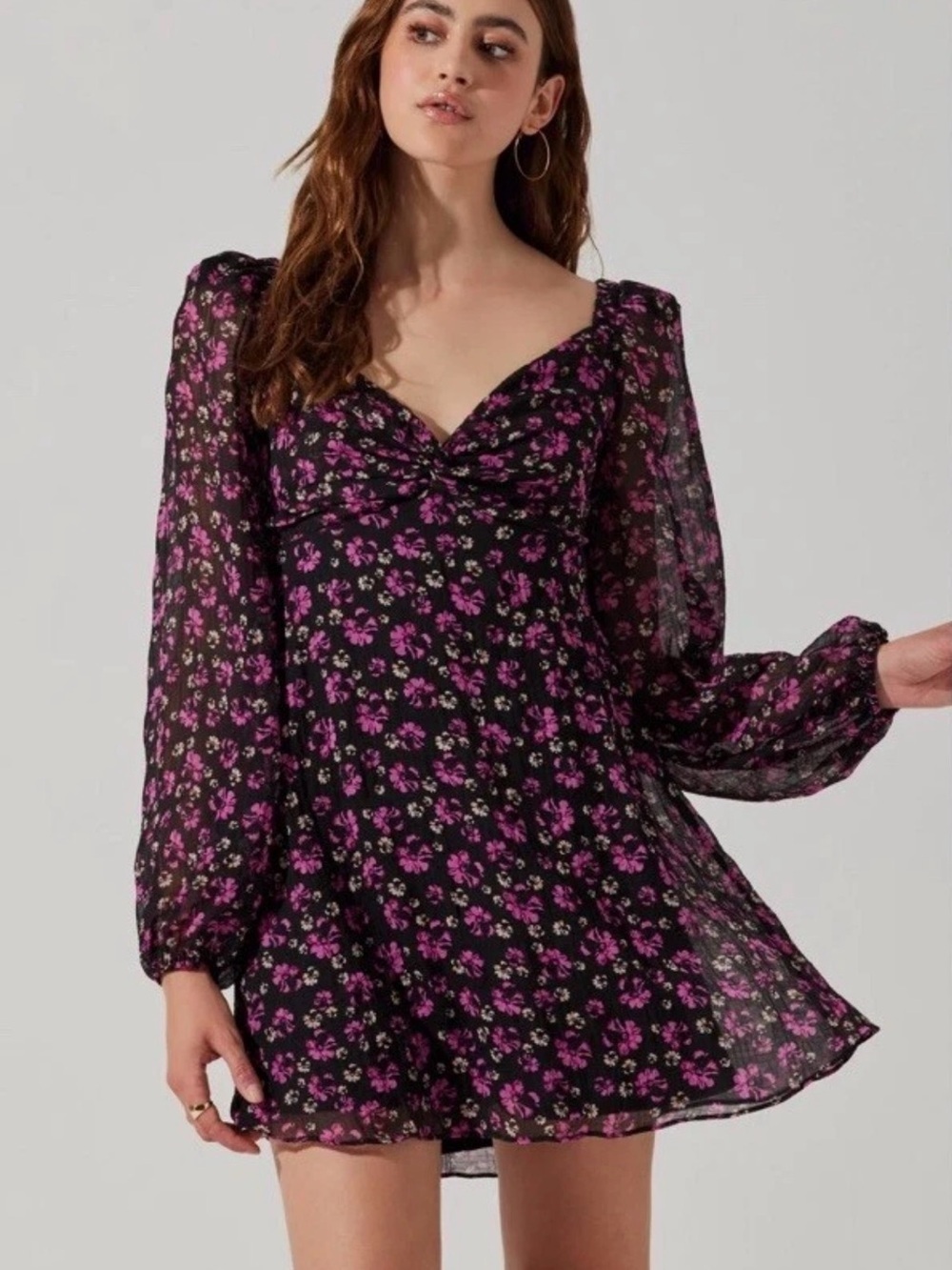 ASTR The Label Black Padma Puff Sleeve Floral Cutout Mini Dress Flowy Women’s XS